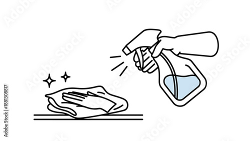 Housekeeping hand sprays surface with cleaning liquid while wiping with cloth for hygiene and sanitation tasks for a spotless environment home care
