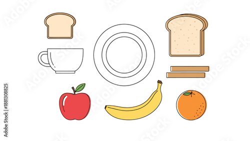 Simple Breakfast Elements Overhead View White Plate and Cup Surrounded by Sliced Bread Fruit Banana Apple Orange Isolated on White Background for