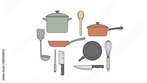 Collection of Kitchen Utensils and Cookware Arranged in a Circular Pattern Culinary Items for Food Preparation and Cooking Activities