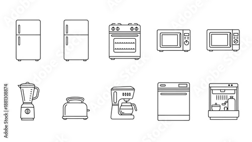 Collection of Kitchen Appliances Shown as Clean Line Art Icons for Culinary Home Design and Modern Living Concepts Seamlessly Displayed