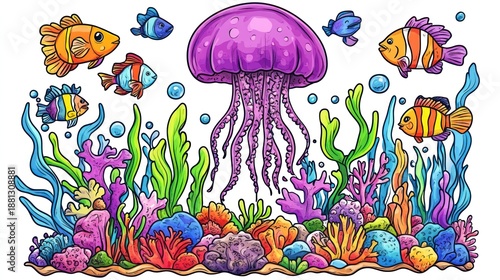 Colorful underwater scene with jelly fish and coral reef. Stock photo