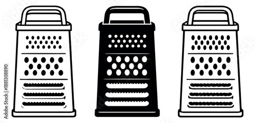 Stylized kitchen grater set featuring line art and silhouette designs for cooking and food preparation