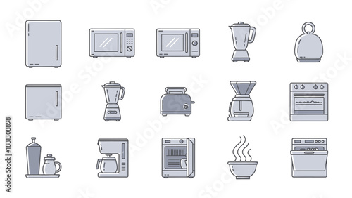 Collection of Kitchen Appliances and Utensils for Culinary Preparation and Home Cooking Settings