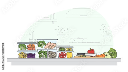 Food preparation in kitchen with containers filled with fresh vegetables and cooked chicken for healthy meal planning and storage