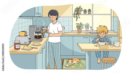 Morning Kitchen Scene Peaceful Domestic Routine Preparing Breakfast with Child and Pet Animal Relaxing in Warm Sunlight
