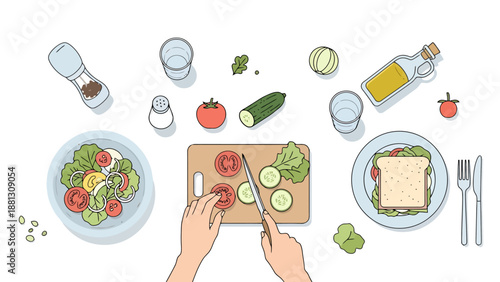 Person preparing fresh healthy ingredients for a salad and sandwich meal on a clean white background overhead view with cooking elements