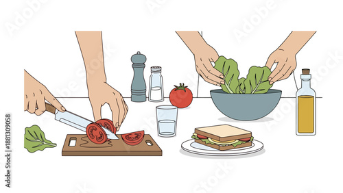 Hands preparing fresh ingredients for a healthy meal including sliced tomatoes and crisp salad leaves for a sandwich beside seasoning and oil bottles