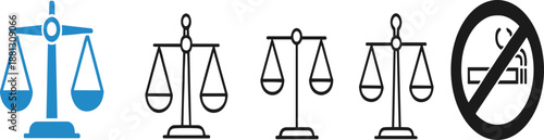 Justice scale and no smoking sign icon set, law and regulation symbols in flat vector style
