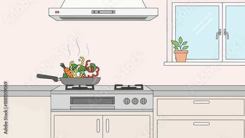 Fresh Vegetables Sizzling In Frying Pan On Gas Stove Top In Bright Kitchen With Window View Healthy Home Cooking Concept
