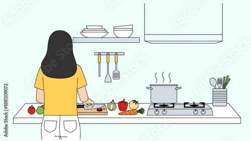 Woman preparing food in kitchen with fresh vegetables and a stove cooking meal for family dinner