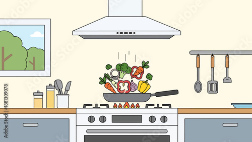 Fresh Vegetables Flying Into Frying Pan On Stove Top Kitchen Scene Healthy Cooking Lifestyle Concept