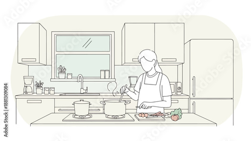 Person Cooking Meal On Stove In Modern Kitchen Environment With Food Preparation On Countertop And Window View