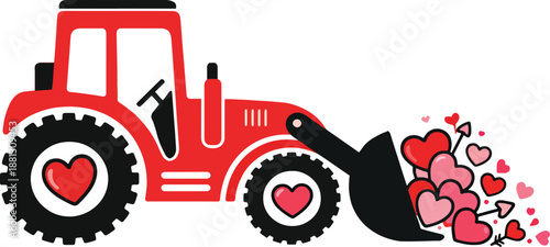 Cute Red Tractor with Heart Loader Vector Illustration – Love Themed Construction Vehicle Cartoon Design