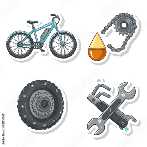Illustrative stickers depicting an electric bicycle, drive chain, wheel, and essential tools, perfectly representing modern bike repair and maintenance concepts.