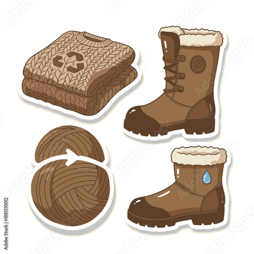 An illustrative collection of sustainable winter apparel and durable footwear, featuring recycled knitwear and waterproof boots, perfect for eco-conscious fashion.