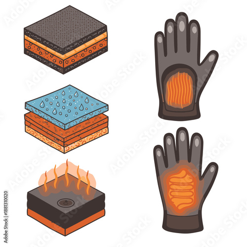 Diagram showcasing advanced material properties: waterproof, thermal insulation layers, and integrated electric heating elements in modern protective gloves.