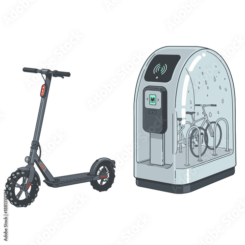 An illustration showcasing modern urban mobility solutions with an electric scooter and a smart bicycle sharing station, representing eco-friendly city travel.