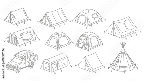 Collection of various camping tent designs.