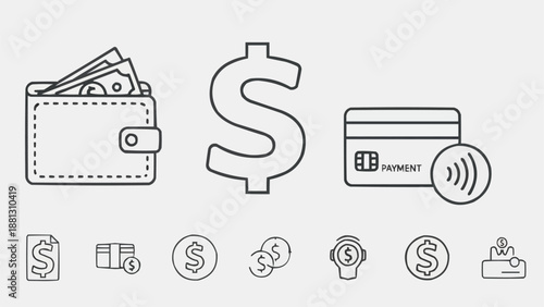 Financial Icons Representing Money and Transactions.