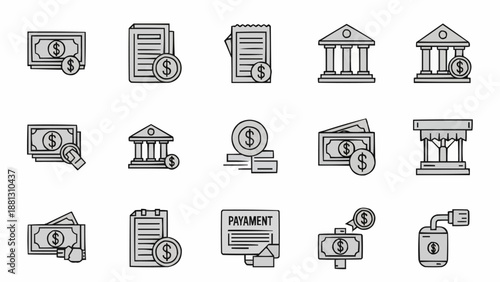 Financial Icons Representing Money Banking and Payment Transactions.