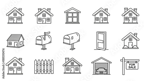 Black and white house icons set.