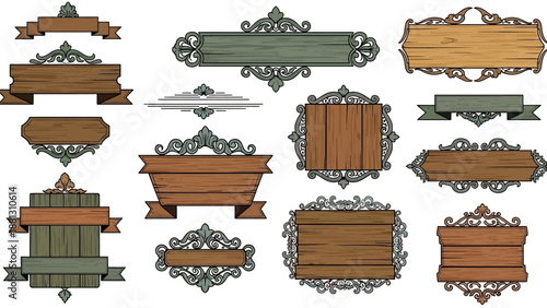 Vintage wooden sign labels collection.