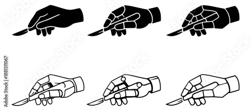 Surgical scalpel hand icon set featuring human and robotic styles in solid and line art for healthcare and innovation