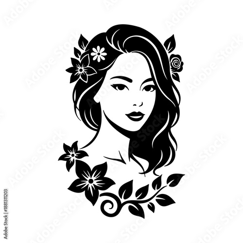Beautiful woman portrait with floral ornaments in black and white vector style