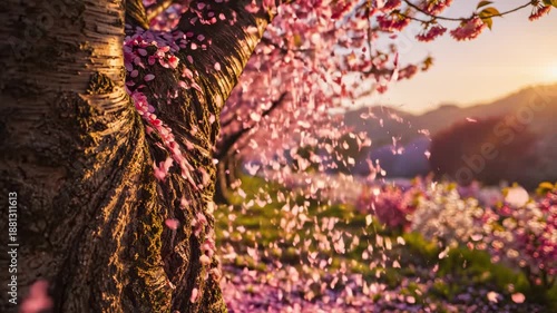 Beautiful cherry blossom tree in full bloom with pink petals falling in a serene spring landscape