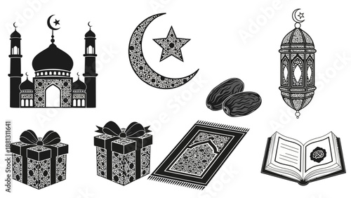 Islamic Symbols and Objects: Mosque, Crescent Moon, Dates, Lantern, Gifts, Prayer Rug, Quran