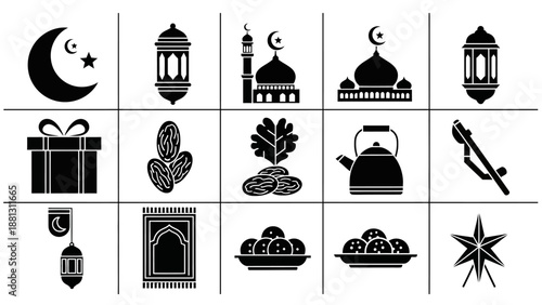 Islamic Symbols and Ramadan Icons: Mosque, Lantern, Moon, Gift, Dates, Kettle, Prayer Mat