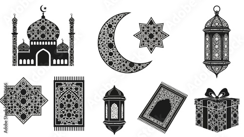 Islamic Symbols and Ramadan Decorations - Mosque, Moon, Star, Lanterns, Prayer Rugs, Gift
