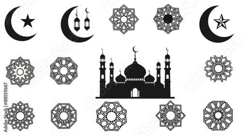 Islamic Symbols Collection: Crescent Moon, Star, Lanterns, Mosque, Geometric Patterns