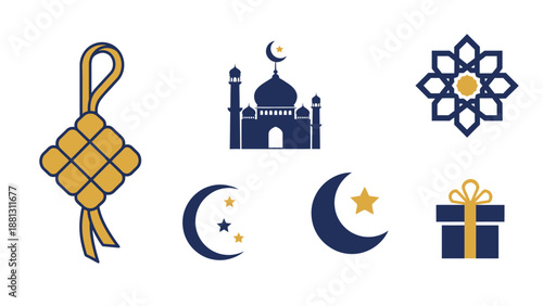 Islamic Symbols and Ramadan Icons: Mosque, Crescent Moon, Star, Ketupat, Gift Box