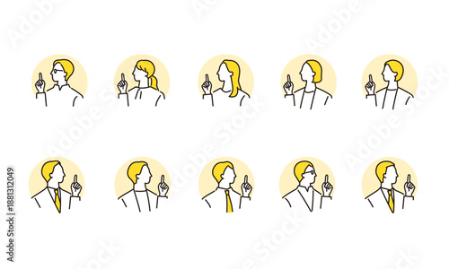 解決する、指差しをするビジネスパーソンの円背景アイコンセット　線画イラスト