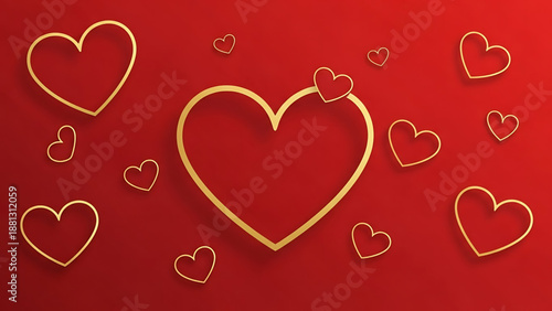 Elegant golden heart outlines scattered gracefully on a vibrant red background, perfect for romantic celebrations, Valentine's Day designs, or expressing deep love and affection