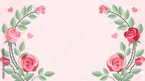 Elegant Pink and Red Roses Border with Heart Accents on a Soft Pink Background