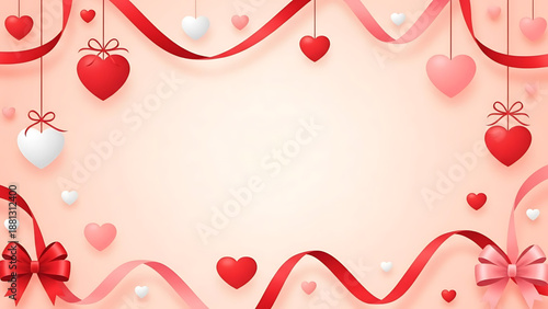 Elegant Valentine's Day themed background illustration with floating hearts and decorative ribbons creating a beautiful festive frame perfect for romantic greetings or special occasions