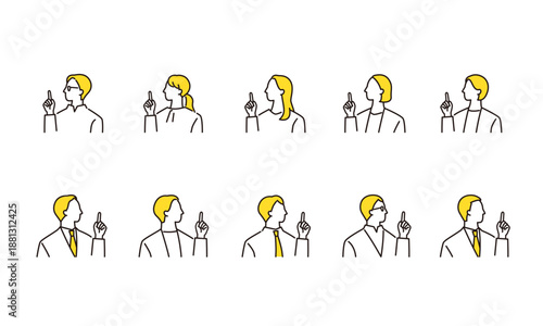 解決する、指差しをするビジネスパーソンのアイコンセット　線画イラスト