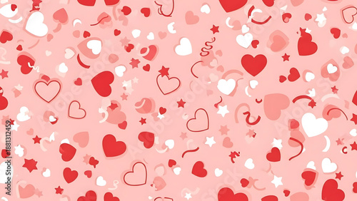 Romantic seamless pattern of heart shapes and confetti on a pink background, perfect for Valentine's Day or wedding decorations