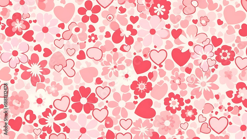 Romantic seamless pattern with various shades of pink and red hearts and blooming floral elements, perfect for Valentine's Day, anniversaries, or wedding invitations, symbolizing love and affection