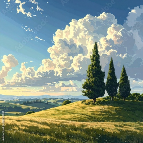 Serene Tuscan Landscape with Rolling Hills and Cypress Trees
