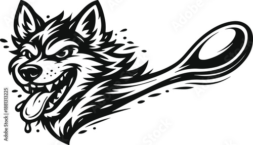 Aggressive wolf/dog head illustration blended with a spoon shape in bold black line art. Ideal for logo, mascot, tattoo, streetwear, food brand, or edgy graphic design.