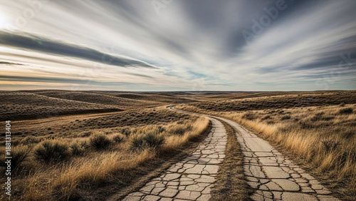 Wallpaper Mural A cracked dirt path winds through an expansive, sun-drenched landscape under a sky of dynamic, streaky clouds, symbolizing a journey into the wild Torontodigital.ca