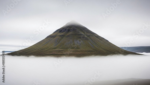 Wallpaper Mural Majestic conical mountain peak dramatically piercing through a thick blanket of ethereal low-lying mist, showcasing a breathtaking natural landscape under an overcast sky Torontodigital.ca