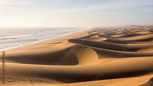 Wallpaper Mural Golden sand dunes sculpted by wind gently meet the vast expanse of the ocean under a clear, hazy sky, showcasing the dramatic beauty of a coastal desert landscape Torontodigital.ca