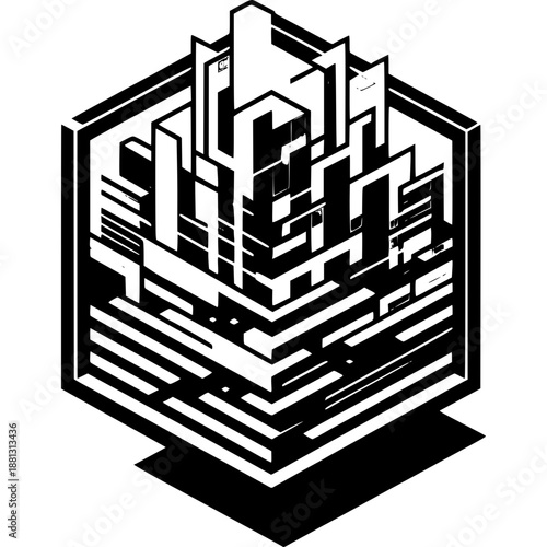 Urban Geometric Abstraction: A black and white geometric representation of a city, showcasing architectural structures in an abstract, modern style.