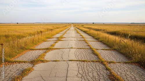 Wallpaper Mural Endless cracked concrete road overgrown with resilient grass, stretching through vast golden fields towards the distant horizon under a serene sky Torontodigital.ca