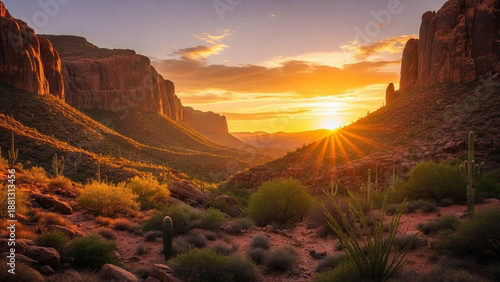 Wallpaper Mural A breathtaking desert landscape glows with the warm hues of a dramatic sunset, illuminating majestic canyons and rugged terrain under a vast, open sky, showcasing the tranquil beauty of the wilderness Torontodigital.ca
