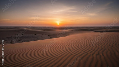 Wallpaper Mural Vast desert landscape at sunset, with golden light illuminating rippling sand dunes stretching towards a vibrant horizon, evoking a sense of tranquil, untouched wilderness Torontodigital.ca